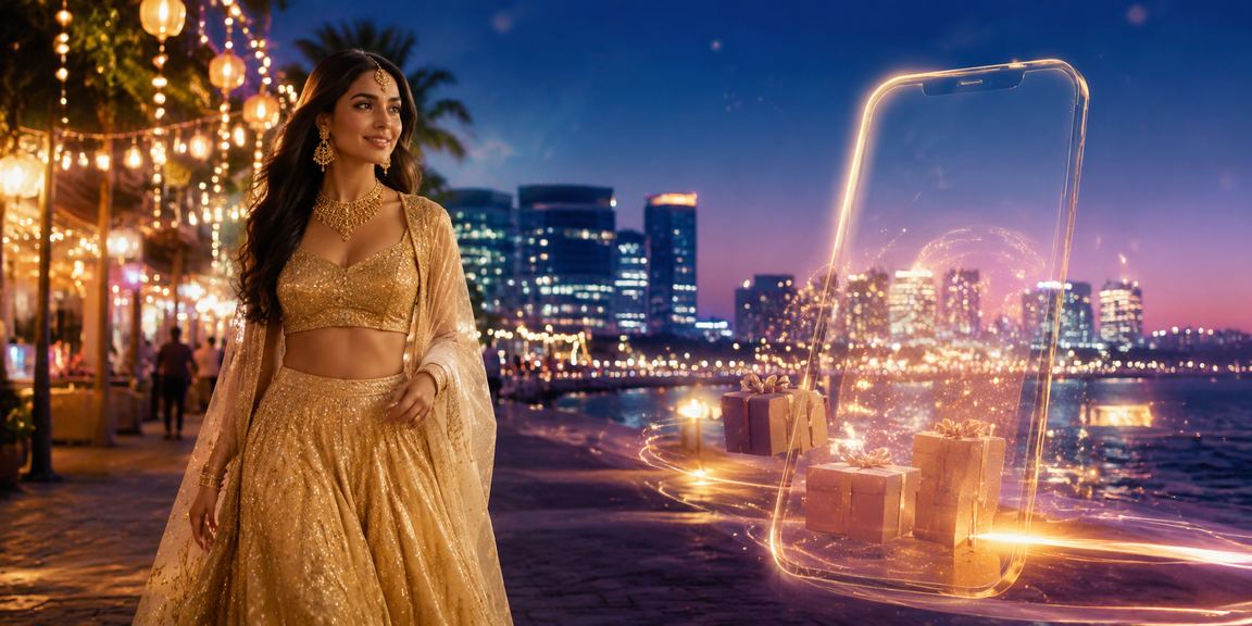 A festive Indian woman enjoying online casino on mobile at home